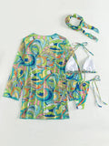 4 PCS Printed With Cover Up Hairband Bikini Female Swimsuit Women Swimwear Four-pieces Bikini set Bather Bathing Suit Swim Lady