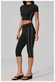 Color Blocked Yoga Suit Women Tracksuit Short Sleeve Shock-absorbing Sports T Shirts High Waist Pants Gym Running Fitness Suits