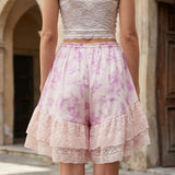 Women's Summer Bloomer Shorts Knee Length Floral Print Drawstring Elastic Waist Lace Trim Patchwork Casual Coquette Shorts