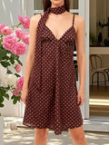 Women's Summer Mini Cami Dress A Line Stylish Dot Print Backless V Neck Spaghetti Strap Dresses with Scarf