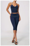 Summer Color Blocking Yoga Suit Women Tracksuit Hanging Neck V Neck Slim Sports Vest Tight Hip Lifting Capri Pants Fitness Sets