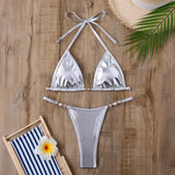 PU Leather Pearls Bikini Mini Micro Thong Bikinis Women Swimwear Female Swimsuit Two-piece Bikini Set Halter Bathing Suit Swim
