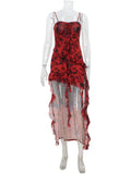 Ahagaga 2025 Summer Fashion Women's Straps Dresses Print Asymmetrical Chiffon Floral Streetwear Skinny Trailing Yk2 Vestidos