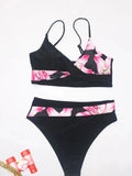 Women's Color Block Print Bikini Set Swimsuit with Adjustable Shoulder Straps Fashionable High Waist Swimwear for Summer Beach