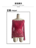 European and American elegant scalloped neckline, off-the-shoulder lace slim fit T-shirt long-sleeved top