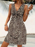 Summer Style Leopard Print Mini Dress Women Fashion Vacation Elegant Vintage V-neck Sleeveless Vestidos Nightclub Party Dresses