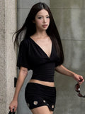 FDYOUI Woman Clothes V-neck Half Sleeve Cropped T-shirts Fashion Lace-up Backless Solid Corset Tops Y2K Streetwear Lady T Shirt