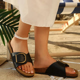 Metal Buckle Flat Heel Slippers Women 2026 Summer Platform Non Slip Beach Sandals Woman Plus Size 43 Open Toe Cork Slides Flats