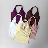 Sexy V-neck Cross Halter Neck Yoga Vest Sleeveless Sports Bra with Chest Pad Naked Sense Fitness Top with Beauty Back Design for