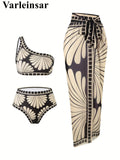 S - XXL Printed Sarong Female Swimsuit High Waist Bikini Women Swimwear Three-pieces Bikini set Bather Bathing Suit Swim V8212