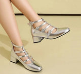 Metallic Silver Gold Women Mary Jane Pumps Square Toe Block Heel Crisscross Ankle Strap Back Zipper Elegant Party Dress Heels