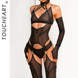 Toucheart Erotic Lingerie Fashionable and Comfortable Mesh See-through Bodyshaping Adjustable Sexy Underwear Split Five-pieceset