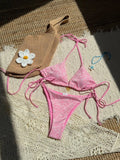 Sexy Mesh Flower Bikinis Sets Women Hot Pink Halter Push Up Bra Tie Side Swimsuit 2026 Beach Bathing Suit Holiday Micro Swimwear