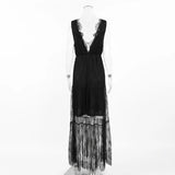 Sexy Deep V-neck Sleeveless Lace Dress Streetwear Women 2026 Backless Tunics A-line Party Dresses Long Maxi Robe Black White