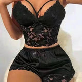 2 Pcs/Set Women Pajama Set Hollow Out Lace V Neck Sleeveless Crop Top High Waist Satin Shorts Anniversary Sleepwear Outfits