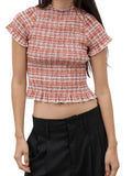 Women Casual Summer Plaid Print Shirred Tops Slim Mock Neck Short Sleeve Crop Ruffle T-shirts Streetwear