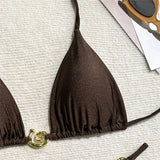 Dark Brown String Halter Micro Thong Bikinis Sets Sexy Swimsuit Women 2026 Metal Ring Holiday Swimwear Beach Wear Bikini Mujer