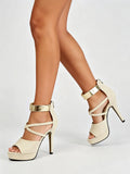Women's Sexy Peep Toe Platform 12cm High Heel Sandals with Gold Metal Classic Ankle Strap Crisscross Stiletto Heel Party Shoes