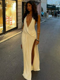 FDYOUI 2026 Summer Deep V-neck Hollow Out Long Maxi Evening Dress Women Chic Backless High Slit Ruched Solid Party Club Dresses