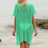 Short Sleeve V Neck Hollow Out Crochet Knitted Tunic Beach Dress Beach Wear Beachwear Beach Cover Up Cover-upsFemale Women V8061