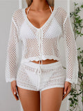 V Neck Long Sleeve Hollow Out Crochet Knitted Tunic Beach Dress Beach Wear Beachwear Beach Cover Up Cover-upsFemale Women V7192