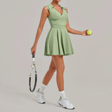 Summer Women Solid Tennis Dresses Sleeveless Turn Down Collar Pleated Skirts with Detachable Pocket Shorts Slim Yoga Golf Dress