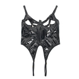 Black PU Leather Mesh Bodysuit for Women Hollow Out Open Crotch Teddy Lingerie Push Up One Piece Jumpsuit Underwear as Outerwear