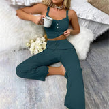 Women Ribbed Pajama Set Lace Trim Camisole Top & Drawstring Pants Sexy Sleepwear Autumn Soft Lounge Homewear
