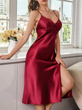 Long V Neck Lace Trim Sundress Pure Color Sexy Slit Women's Nightgown Elegant Sleepwear Casual Fashion Ladies' pajamas