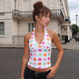 Women Summer Tank Tops Dot Print Tie-Up Halter Neck Casual Vests Backless Fashion Sleeveless Tops Streetwear