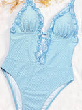 Deep V Neck Frilled Ruffled Halter Women Swimwear Monokini High Leg Cut Bather Bathing Suit Swim One Piece Swimsuit Female K8055