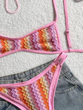 Crochet Striped Brazilian Bikini Women Swimsuit Female Swimwear Two-pieces Bikini Set High Leg Cut Bather Bathing Suit Swim Lady