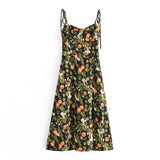 French Style Vintage Lemon Leaf Printed Green Dress Sexy Slip Midi Sleeveless Tank Dress Chiffon Women Holiday Elegant Dress