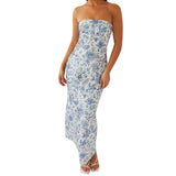 Women's Summer Sleeveless Strapless Long Dress Stylish Floral Print Sleeveless Tube Bodycon Dresses