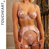 Toucheart 4-Piece Set Sexy Lingerie Set Embroidery Patchwork Mesh See-Through Exotic Underwear Women Garter Belt Underwear Suit