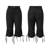 Fashion Women's Capri Pants High Waist Drawstring Cuff Cropped Trousers Solid Color Casual Pockets Cargo Calf-length Pant Summer