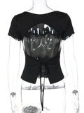 FDYOUI Fashion Casual Backless Lace-up T-shirts Women's Summer O-neck Short Sleeve Cropped Tops Streetwear Y2K Solid Tee Shirt
