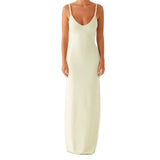 Women Sleeveless Summer Solid Color Twisted Straps Dresses V-Neck Backless Party Club Vacation Beach Long Dresses