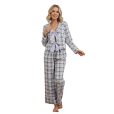 Women Sleepwear Long Sleeve Bow Tie Front Plaid Tops with Elastic Waist Pants Loose Fall Winter 2 Pieces Pajamas Sets