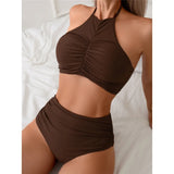 Halter Wrinkled High Neck Female Swimsuit High Waist Bikini Women Swimwear Two-pieces Bikini set Bather Bathing Suit Swim K5616