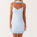 Women Fashion Floral Print/Solid Color Sleeveless Back Bandage Cami Dresses Summer Backless Mini Dress with Choker Scarf