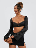 Women Long Sleeve Crop Tops Mesh Lace Trim Sweetheart Neckline Tie-Up Backless T-Shirts Spring Fall Slim Fit Shirts Streetwear