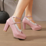 Women's Sweet Cute Lace Bow Lolita Platform High Heels, White Pumps Wedding Party Dress Shoes, Big Sizes 33-48