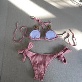Halter Metal Rings Bikinis Wrinkled Bikini Female Swimsuit Women Swimwear Two-pieces Bikini Set High Cut Bathing Suit Swim Lady