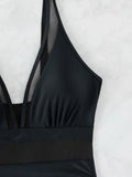 Solid Color One Piece Bikini for Women,sexy Deep-V Neck Suspender Backless Swimsuit,high Waist Translucent Striped Mesh Swimwear