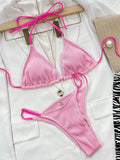 Neon Halter Ribbed Bikini Female Swimsuit Women Swimwear Two-pieces Bikini Set Padded Bather Bathing Suit Swim Lady Beachwear