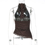 FDYOUI Women's Chic Polka Dot Tanks Top 2026 Summer Off Shoulder Lace Patchwork Corset Bandage Backless Crop Tops Streetwear