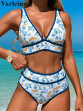 S - XL Sexy V Neck Printed High Waist Bikini Female Swimsuit Women Swimwear Two-pieces Bikini Set Bather Bathing Suit Swim V6997
