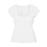 Summer Women Short Sleeve T-shirt Solid Color Low-necked Pleated Hem Casual Tops Y2K Retro Shirts