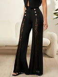 2026 Women's Solid Color Lace Spliced   Flare Pants Trousers